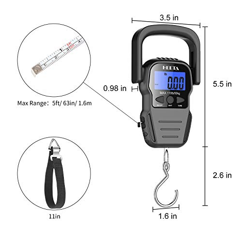 Fish Scale w/ Backlit LCD Display,Upto 110lb/50kg Digital Portable Hanging Fish Weight Scale