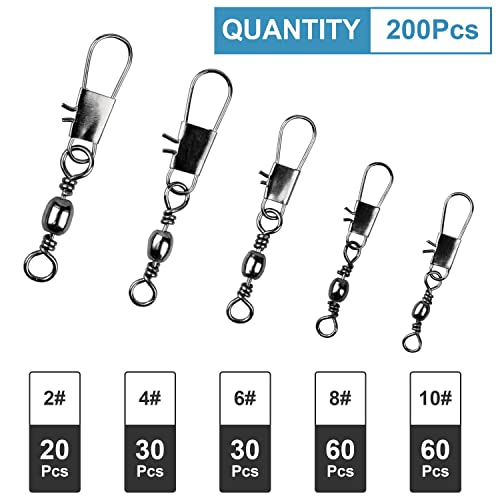 200PCS Fishing Rolling Ball Bearing Barrel Swivel w/ Safety Snap Connector Fishing Accessories