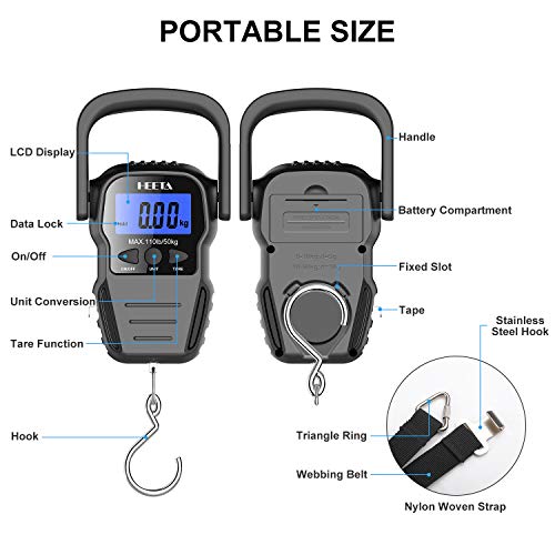 Fish Scale w/ Backlit LCD Display,Upto 110lb/50kg Digital Portable Hanging Fish Weight Scale