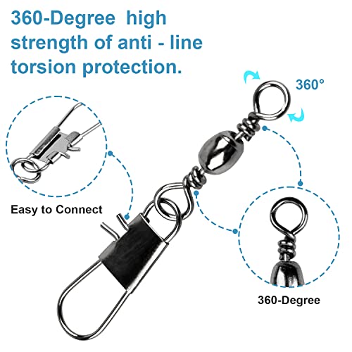 200PCS Fishing Rolling Ball Bearing Barrel Swivel w/ Safety Snap Connector Fishing Accessories