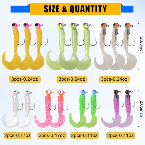 Grub Lures Fishing Jigs Head Hooks Kit-Soft Plastic Grub Tail Worm Lure