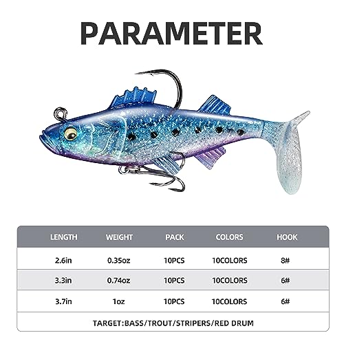 10pcs Pre-Rigged Soft Fishing Lures,Jig Head Paddle Tail Swimbaits for Saltwater Freshwater