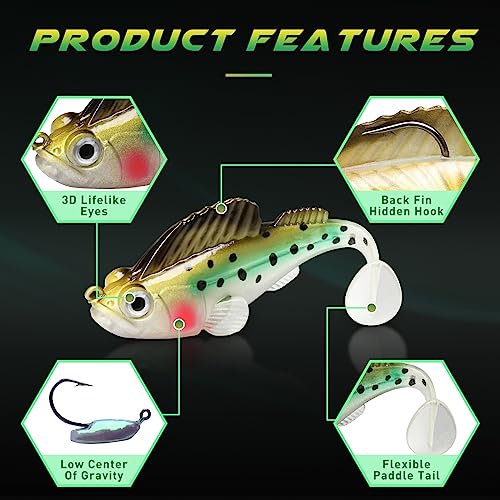 Weedless Soft Fishing Lures for Freshwater & Saltwater,Premium Pre-Rigged Jig Head Swimbaits