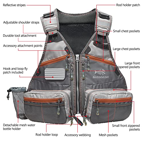 BASSDASH Fly Fishing Vest Adjustable Size with Detachable Water Bottle Holder for Men and Women FV07