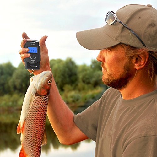 Fish Scale Luggage Scale - PS01 110lb/50kg Backlit LCD Display Digital Scale with Built-in Measuring Tape - Fishing Scale with 2 AAA Batteries, Pocket Size - Fishing Gifts for Men