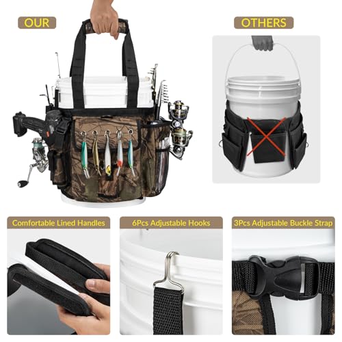 Fishing Bucket Organizer for 5gal Bucket,Ice Fishing Bucket Bag w/ Rod & Plier Holder
