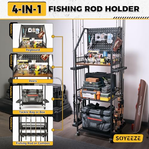 Fishing Rod Holders for Garage,Fishing Pole holders- upto 12 Rods w/ Hooks & Wheels