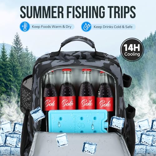 Cooler Fishing Backpack w/ Rod Holders,45L Large Water-resistant Fishing Tackle Bag