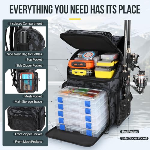 Cooler Fishing Backpack w/ Rod Holders,45L Large Water-resistant Fishing Tackle Bag