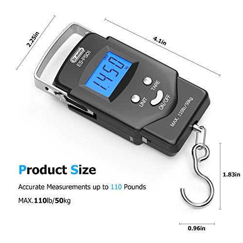 Fish Scale Luggage Scale - PS01 110lb/50kg Backlit LCD Display Digital Scale with Built-in Measuring Tape - Fishing Scale with 2 AAA Batteries, Pocket Size - Fishing Gifts for Men