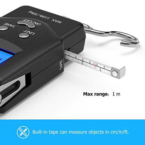 Fish Scale Luggage Scale - PS01 110lb/50kg Backlit LCD Display Digital Scale with Built-in Measuring Tape - Fishing Scale with 2 AAA Batteries, Pocket Size - Fishing Gifts for Men