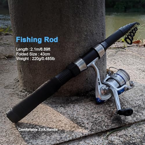 Fishing Rod Reel Combo-2PCS 6.89ft Collapsible Rodsk,2PCS Spinning Reels Lures Set