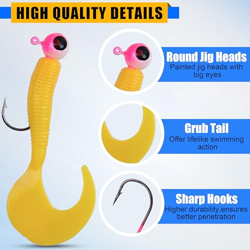 Grub Lures Fishing Jigs Head Hooks Kit-Soft Plastic Grub Tail Worm Lure