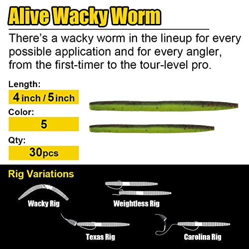 Wacky-Worms Bass Fishing Lure Kit-Wacky Rig Worms Soft Plastic Stick Baits-3-6"
