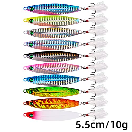 10pcs Hard Metal Jigs Diving Sea Fishing Lures,Minnow Popper Baits Tackle w/ Feather