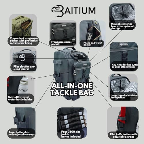 Fishing Backpack,Tackle Bag w/ Rod Holders,40L Capacity w/ Cooler,Rain Cover