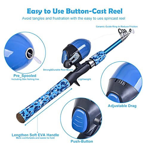 Kids Fishing Pole Set w/ Full Starter Kits,Portable Telescopic Fishing Rod & Spincast Reel