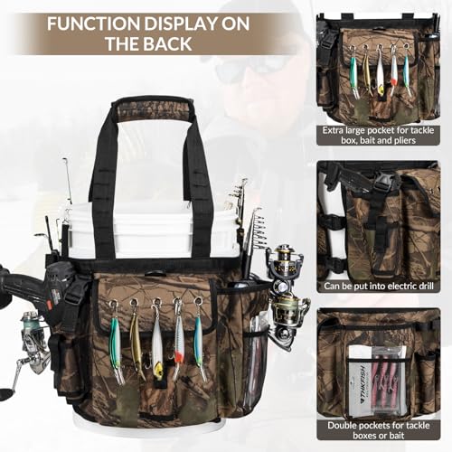 Fishing Bucket Organizer for 5gal Bucket,Ice Fishing Bucket Bag w/ Rod & Plier Holder