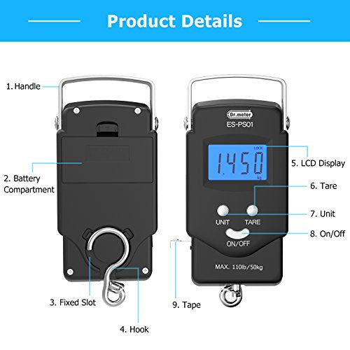 Fish Scale Luggage Scale - PS01 110lb/50kg Backlit LCD Display Digital Scale with Built-in Measuring Tape - Fishing Scale with 2 AAA Batteries, Pocket Size - Fishing Gifts for Men