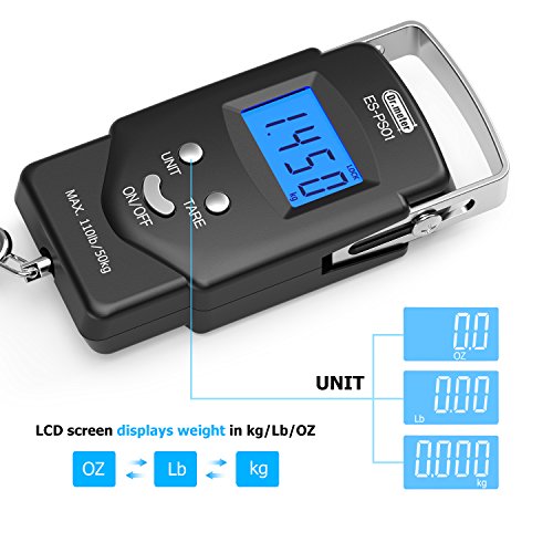 Fish Scale Luggage Scale - PS01 110lb/50kg Backlit LCD Display Digital Scale with Built-in Measuring Tape - Fishing Scale with 2 AAA Batteries, Pocket Size - Fishing Gifts for Men