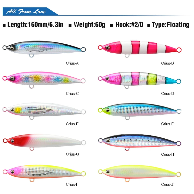 TSURINOYA Topwater Pencil Fishing Lure 160mm 60g CRIUS 160F Floating Stickbait Artificial Hard Bait for GT Sea Fishing Lures