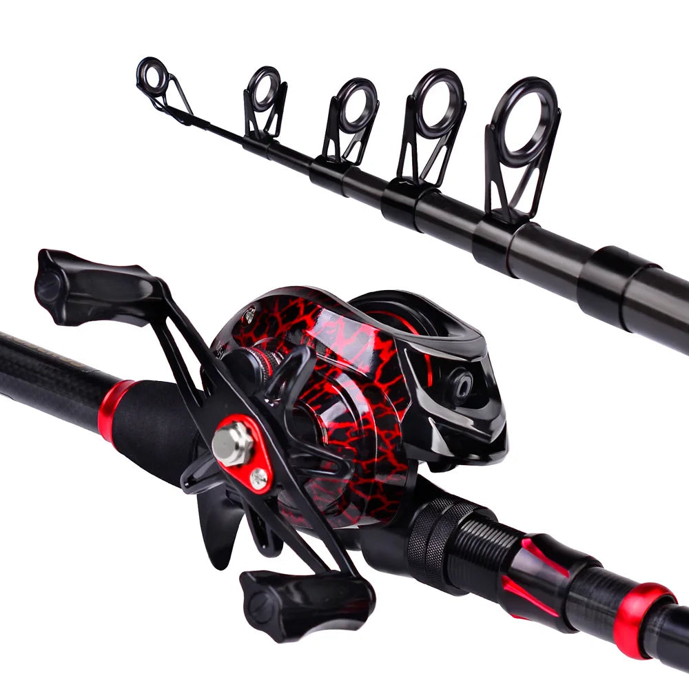 Proberos Telescopic Rod and Reel Kit 2.1 Carbon Fiber Fishing Rod 7.2:1 Gear Ratio Baitcasting Reel Line Lures Hooks Bag Combo