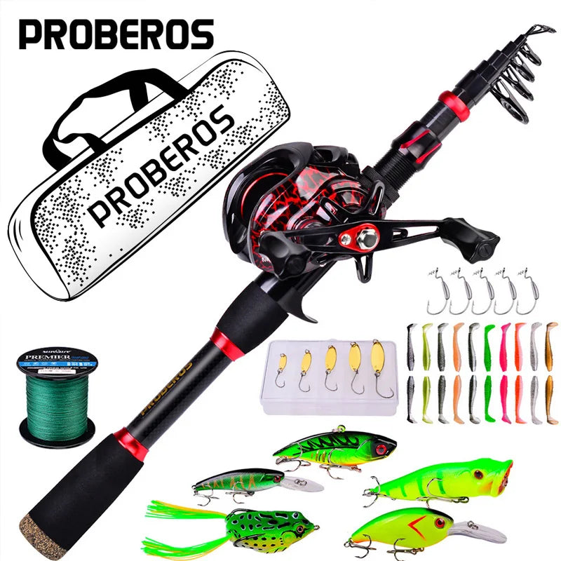 Proberos Telescopic Rod and Reel Kit 2.1 Carbon Fiber Fishing Rod 7.2:1 Gear Ratio Baitcasting Reel Line Lures Hooks Bag Combo