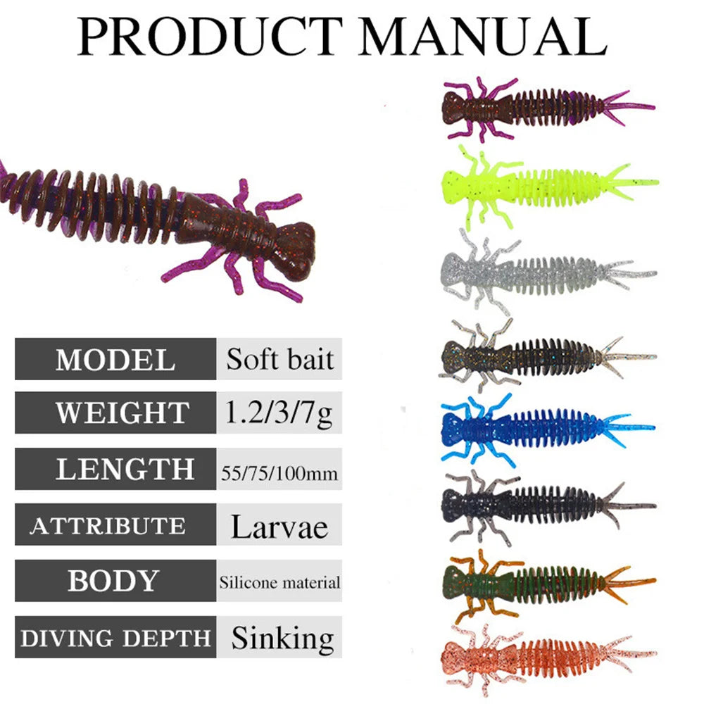 10pcs/lot Larva Worm Soft Lures 55mm 75mm 10mm Fishy Smell Jig Silicone Bait Freshwater Swimbait Silicone Bass Pike Pesca Tackle