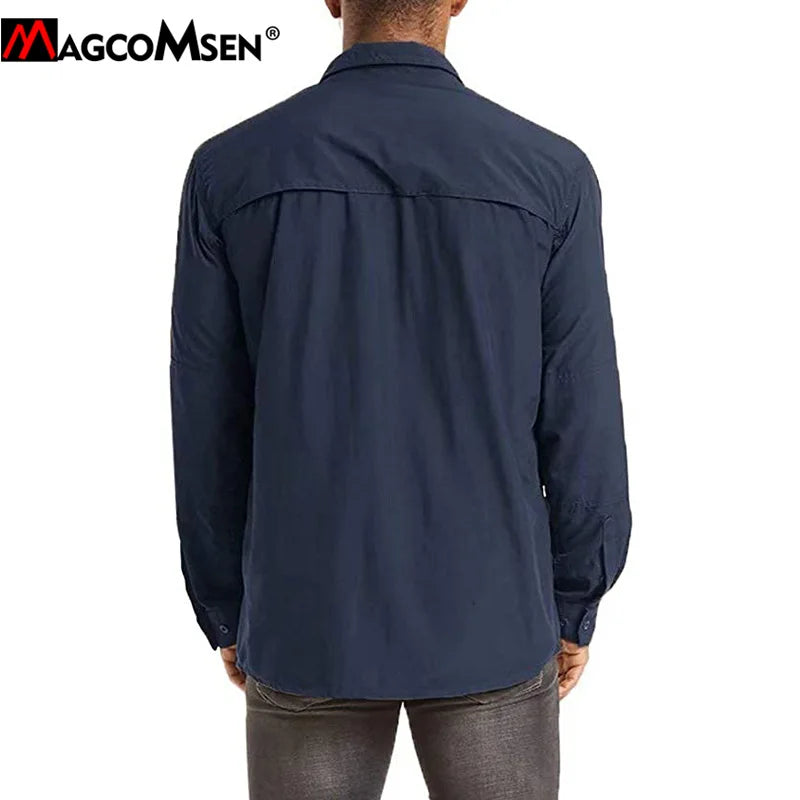 MAGCOMSEN Men's Fishing Shirt Summer Quick Dry Long Sleeve Button Shirt with Pocket