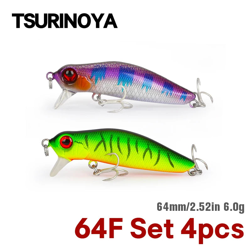 TSURINOYA Fishing Lure Shallow Range Minnow Set 4pcs DW71 64mm 6g Seabass Floating Crankbait Tungsten Weight System Bait