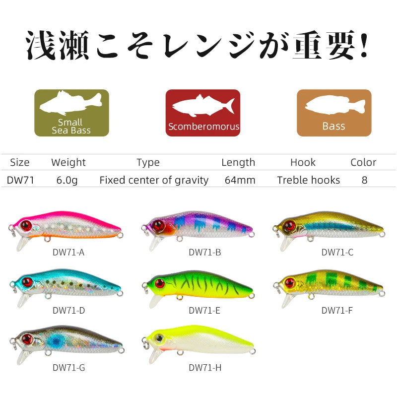 TSURINOYA Fishing Lure Shallow Range Minnow Set 4pcs DW71 64mm 6g Seabass Floating Crankbait Tungsten Weight System Bait