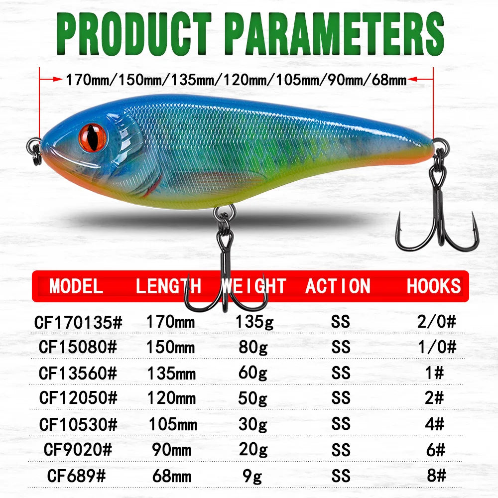 CF Lure 90mm/120mm/150mm (Color 1~24) Slow Sinking jerkbait musky pike slider Bass fishing lure Tackle