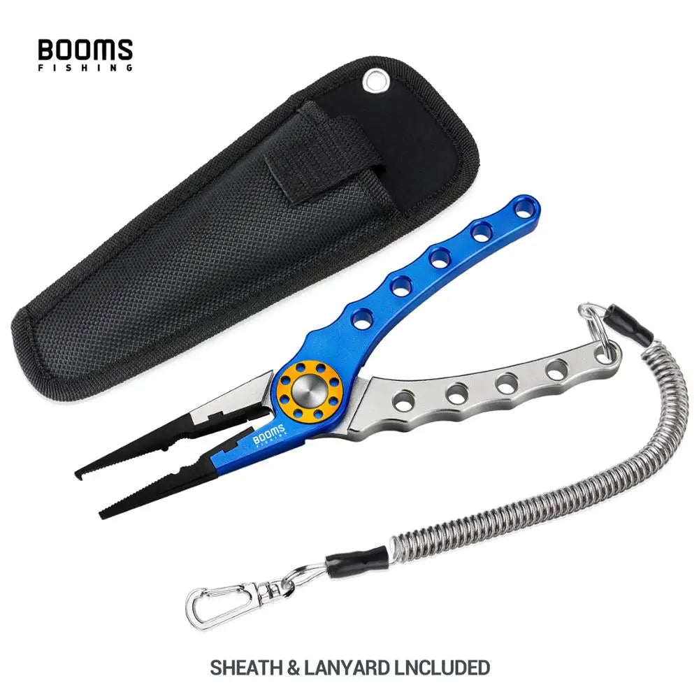 Booms Fishing X01 Aluminum Alloy Fishing Pliers with Coil Lanyard and Sheath Nylon Line Cutters Crimper Hook Remover Tools