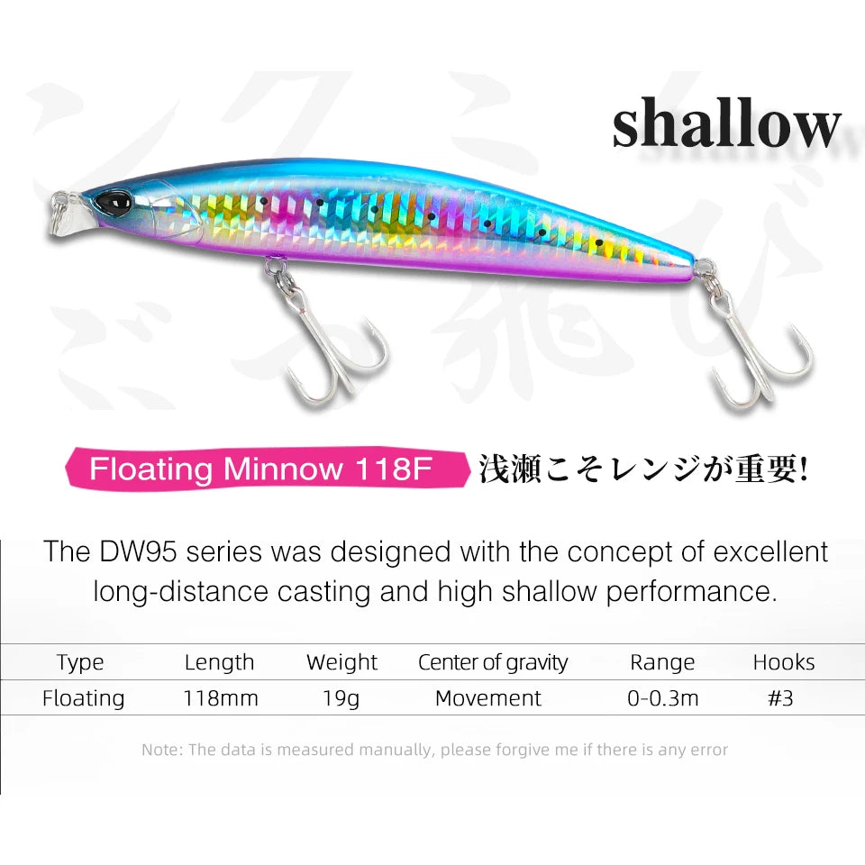 TSURINOYA 118mm 19g 0-30cm Shallow Range Floating Fishing Lure DW95 118F Inshore Seabass Minnow Sea Fishing Artificial Hard Bait