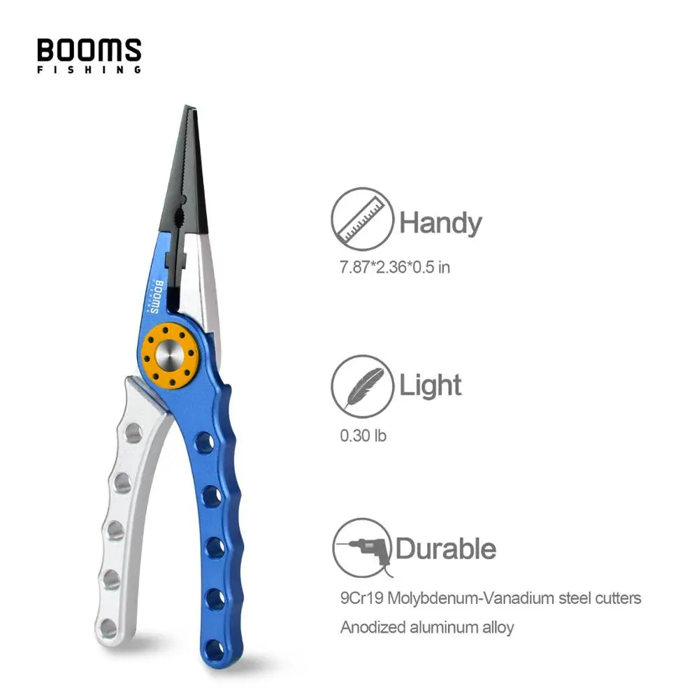 Booms Fishing X01 Aluminum Alloy Fishing Pliers with Coil Lanyard and Sheath Nylon Line Cutters Crimper Hook Remover Tools