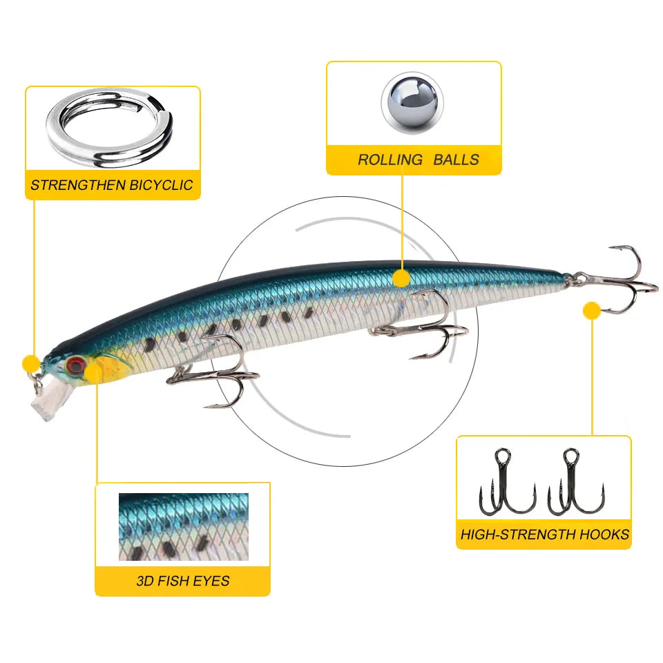 1PC Long Minnow Fishing Lure Hard Bait Crankbait Wobblers Leurre 13cm/14.7g Tight Body 3 Hooks Artificial Baits for Bass Pike