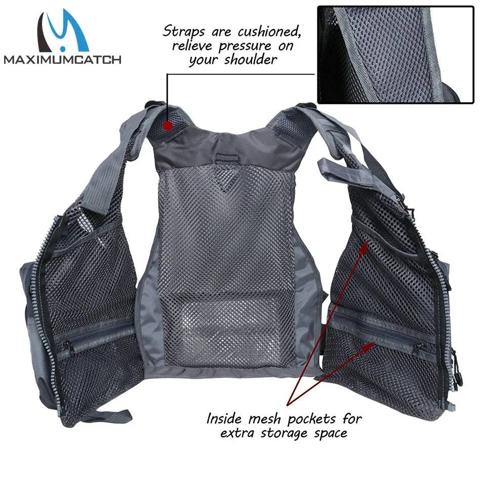 Maximumcatch Fly Fishing Vest Adjustable Mutil-Pocket Packs & Detachable Cushion Fishing Vest