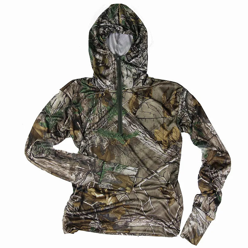 Summer Breathable Quick-Drying Bionic Camouflage Long Sleeve T-Shirt Tops Men Hunting Fishing Hiking Sunscreen Hooded T-Shirts