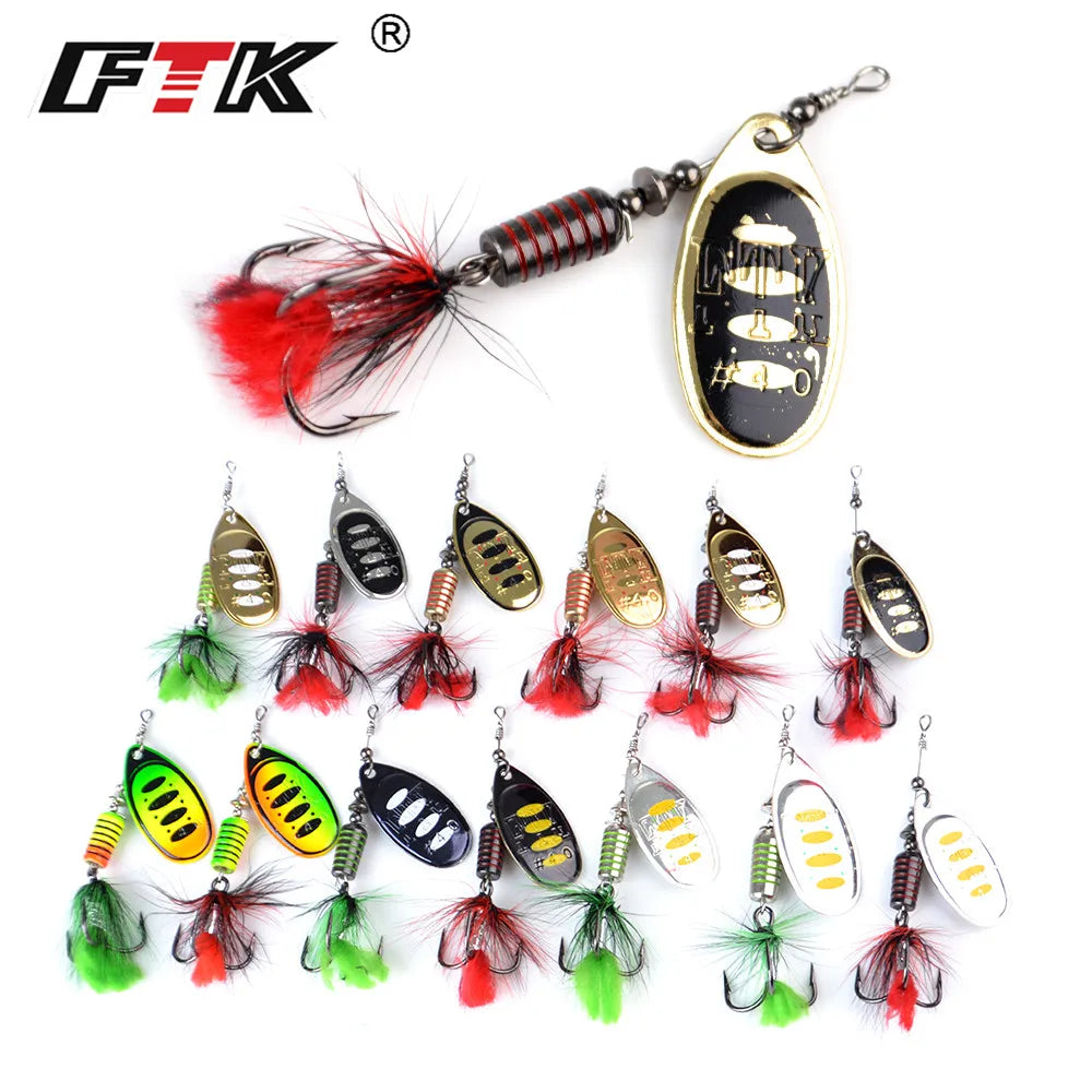 FTK 1pc Spinner Bait 7.5g 12g 17.5g Hard Spoon Bass Lures Metal Fishing Lure With Feather Treble Hooks For Pike Fishing