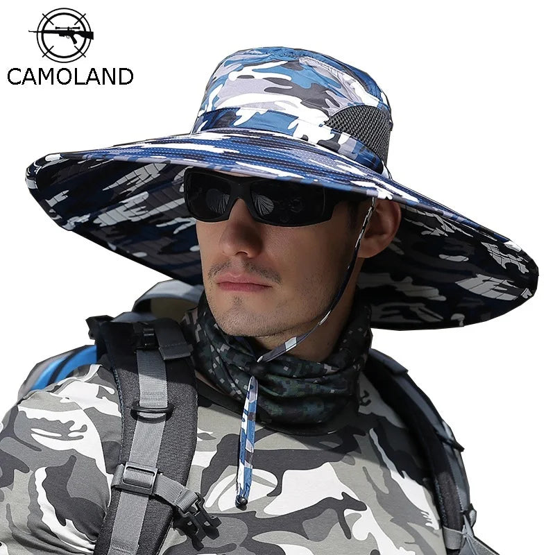 CAMOLAND Summer Sun Hat Men Camouflage Bucket Hat High Quality Outdoor UV Protection Cap Male Long Wide Brim Hiking Fishing Hats