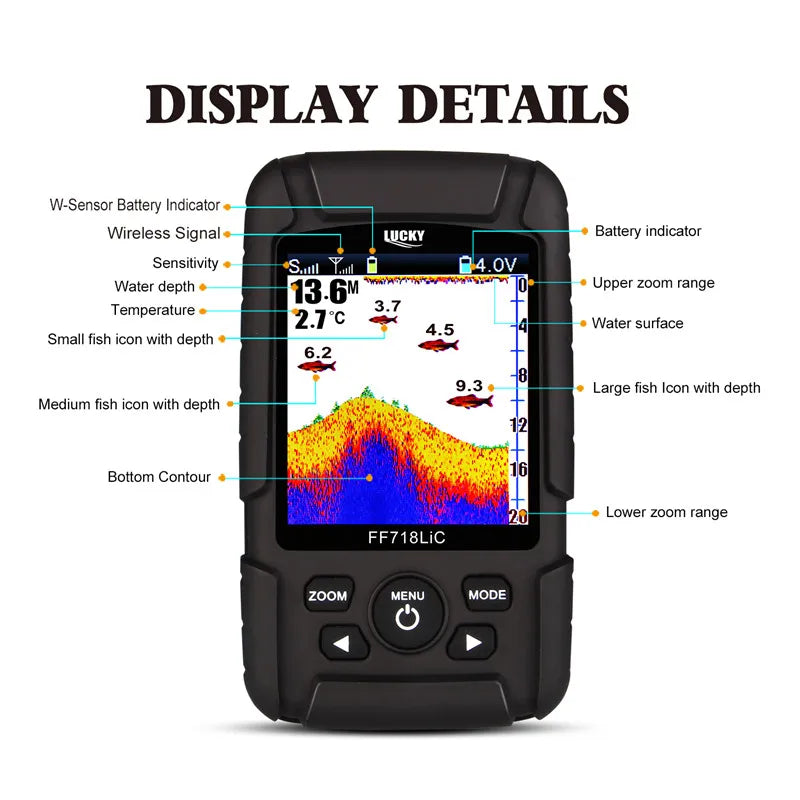 Lucky FF718LiC-WLA Wireless Portable Fish Finder 45M/147Feet Sonar Depth Waterproof Fishfinder Fish Attractive Lamp