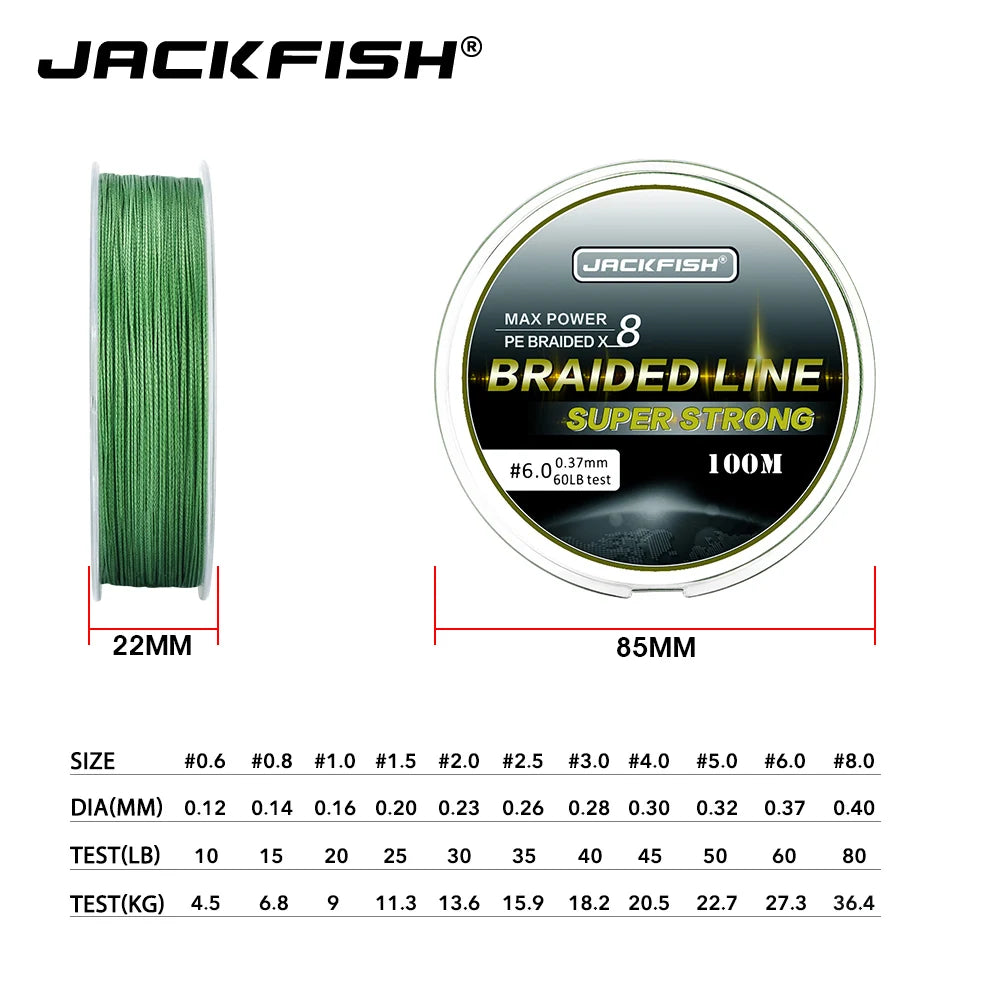 JACKFISH 100m 8 Strand PE Braided Fishing Line 10-80LB Multifilament Fishing Lines For Carp Fishing Tackle Saltwater Fishing