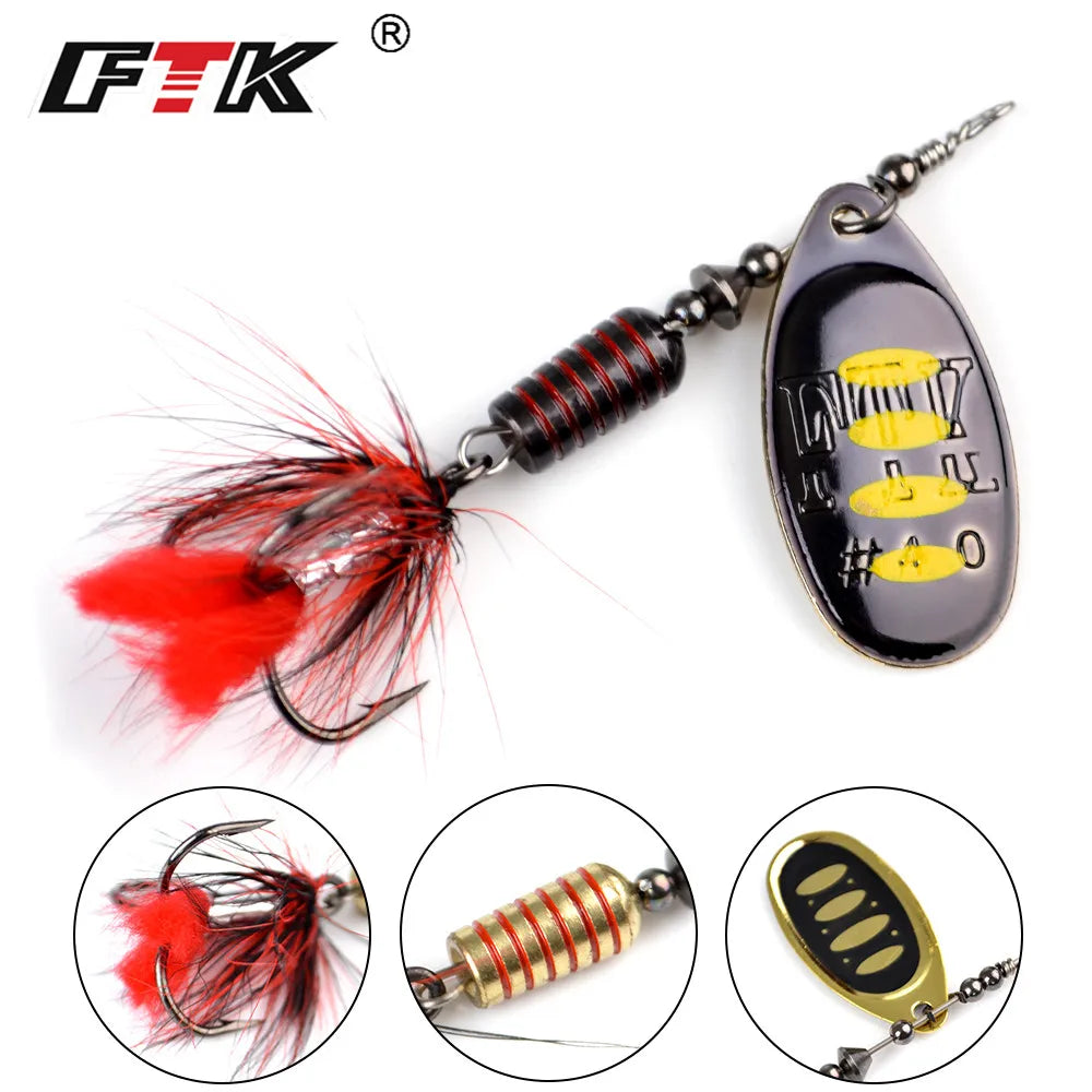 FTK 1pc Spinner Bait 7.5g 12g 17.5g Hard Spoon Bass Lures Metal Fishing Lure With Feather Treble Hooks For Pike Fishing