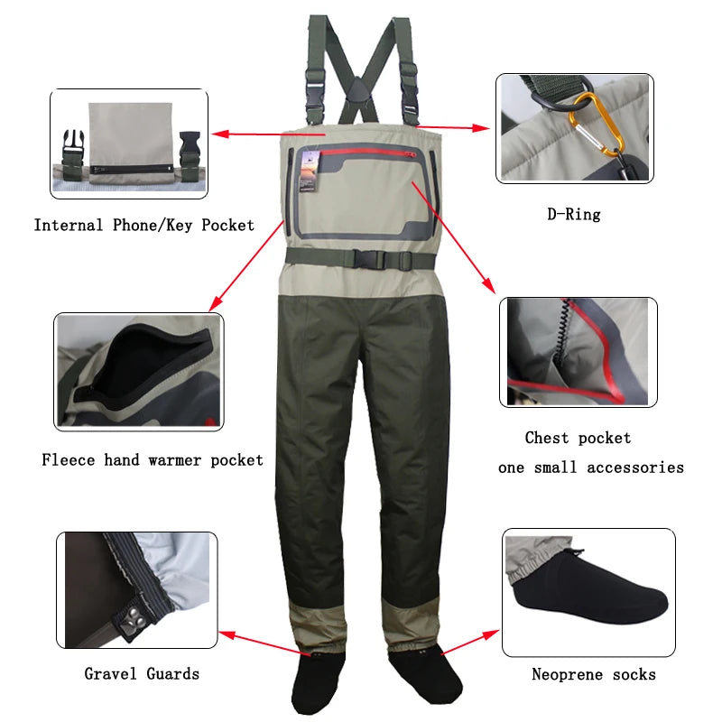 Men's Fishing Chest Waders Breathable Stocking Foot Wader Lightweight Convertible Hunting Wading Pants  Kit for Fly Fishing