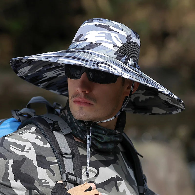 CAMOLAND Summer Sun Hat Men Camouflage Bucket Hat High Quality Outdoor UV Protection Cap Male Long Wide Brim Hiking Fishing Hats