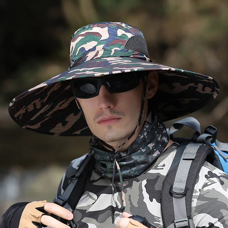 CAMOLAND Summer Sun Hat Men Camouflage Bucket Hat High Quality Outdoor UV Protection Cap Male Long Wide Brim Hiking Fishing Hats