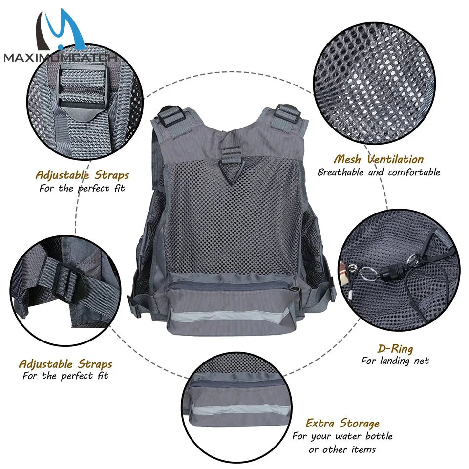 Maximumcatch Fly Fishing Vest Adjustable Mutil-Pocket Packs & Detachable Cushion Fishing Vest