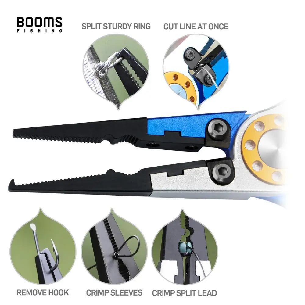 Booms Fishing X01 Aluminum Alloy Fishing Pliers with Coil Lanyard and Sheath Nylon Line Cutters Crimper Hook Remover Tools