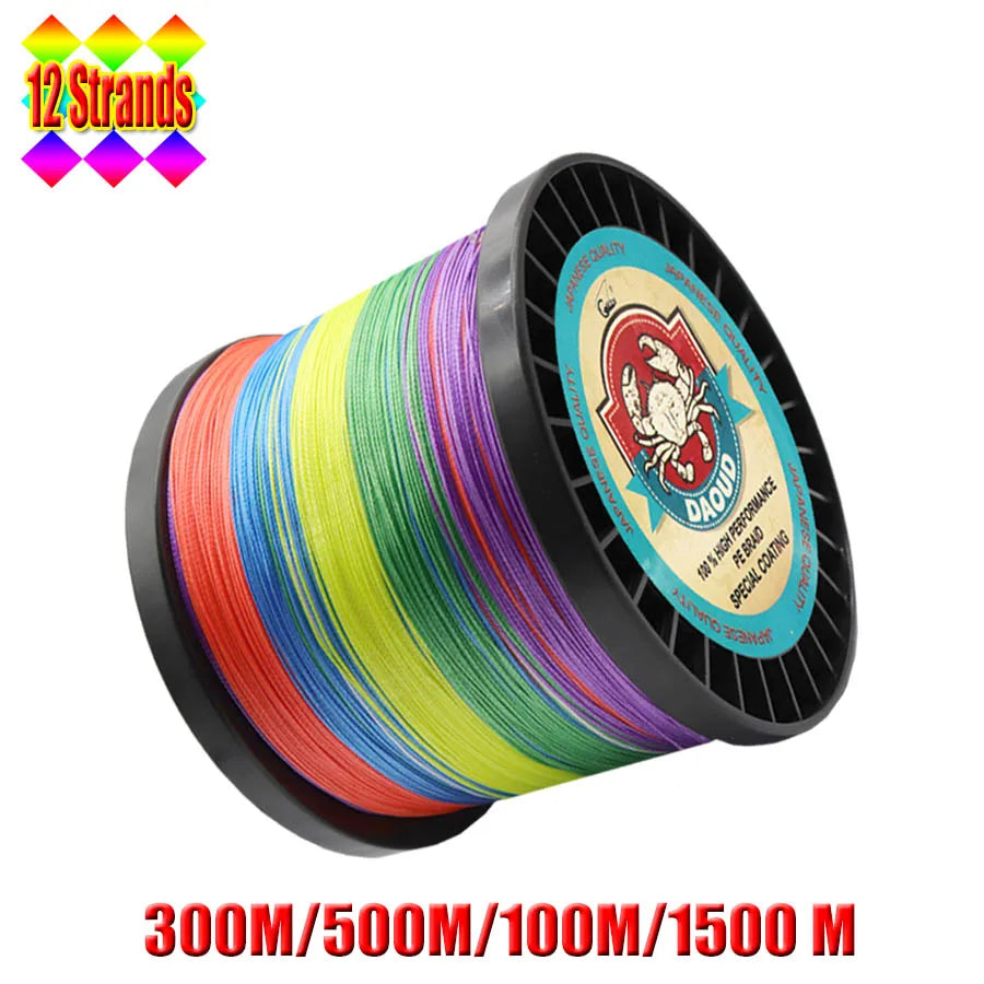 DAOUD 12 Strands Braided Line 300m/500m/1000m/1500m Multicolor Fishing Line Multifilament 35-180LB PE Line Saltwater Fishing