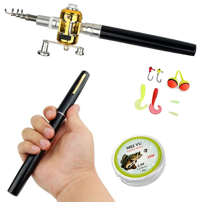 Small Fish Rod+Reel+Line+Accessories Kit Pocket Fishing Rod Reel Line Full Set Telescopic Mini Pen Shape Fishing Rod Combo